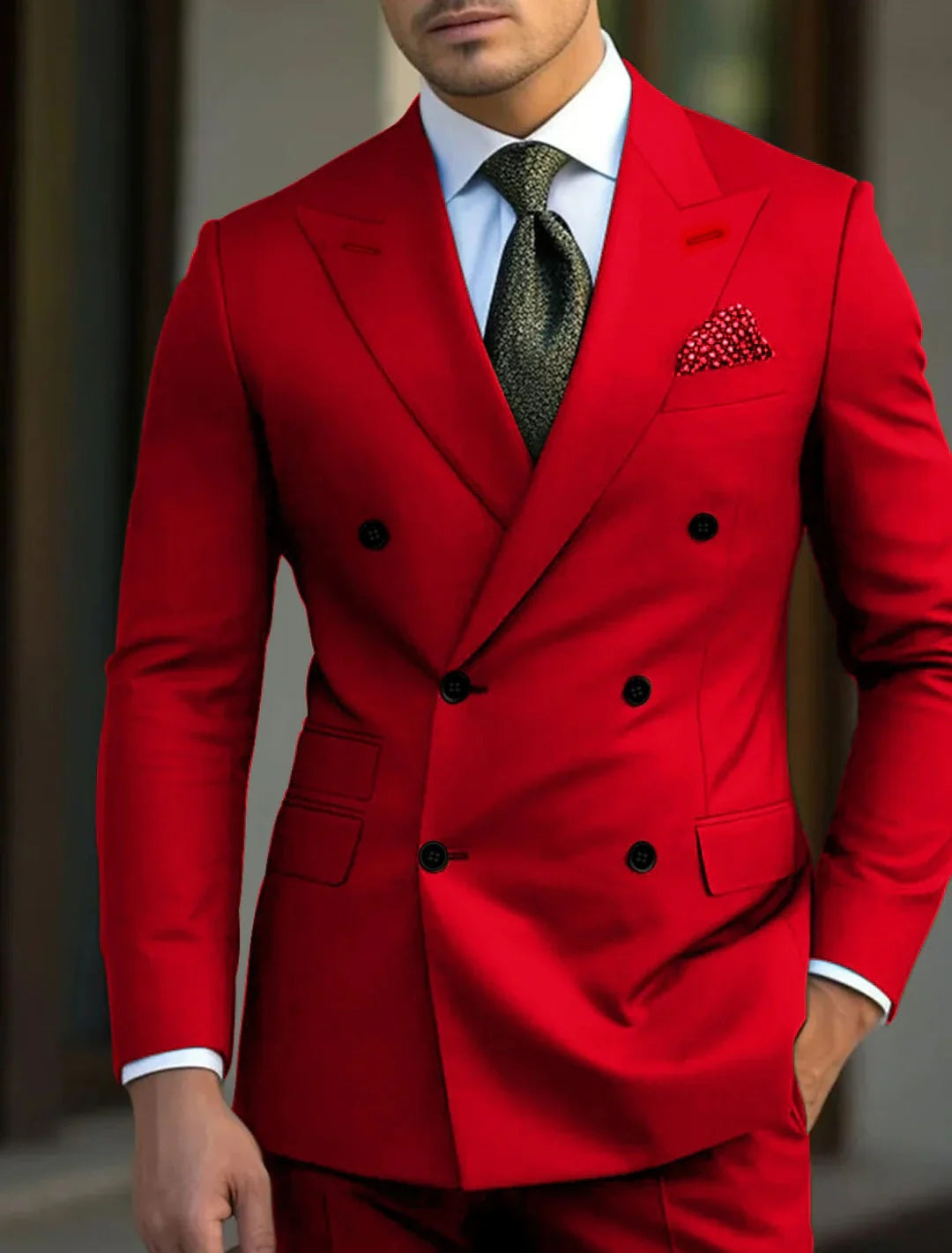 Men's Double-Breasted Peak Lapel Wedding Suit - Red
