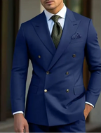 Men's Double-Breasted Peak Lapel Wedding Suit - Navy Blue