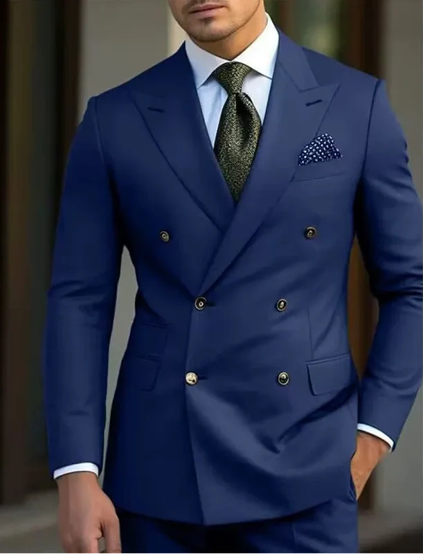 Men's Double-Breasted Peak Lapel Wedding Suit - Navy Blue