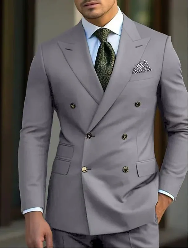 Men's Double-Breasted Peak Lapel Wedding Suit - Gray