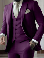 Men's Three-Piece Slim Fit Wedding Suit with Vest - Purple