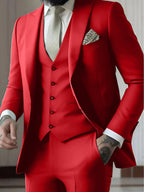 Men's Three-Piece Slim Fit Wedding Suit with Vest - Red