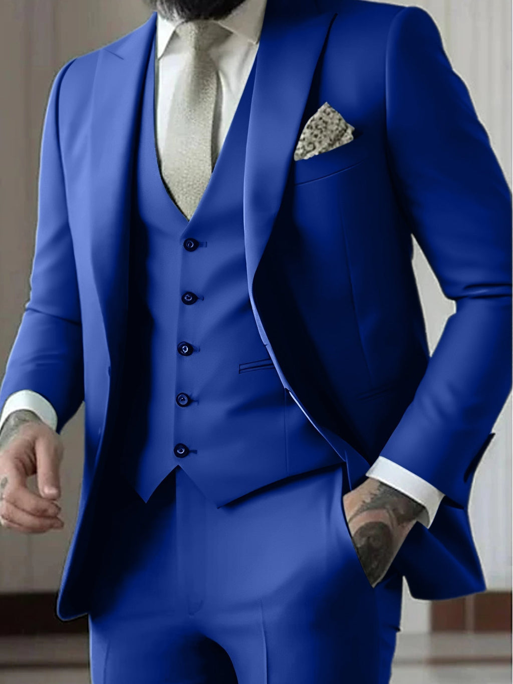 Men's Three-Piece Slim Fit Wedding Suit with Vest - Royal Blue