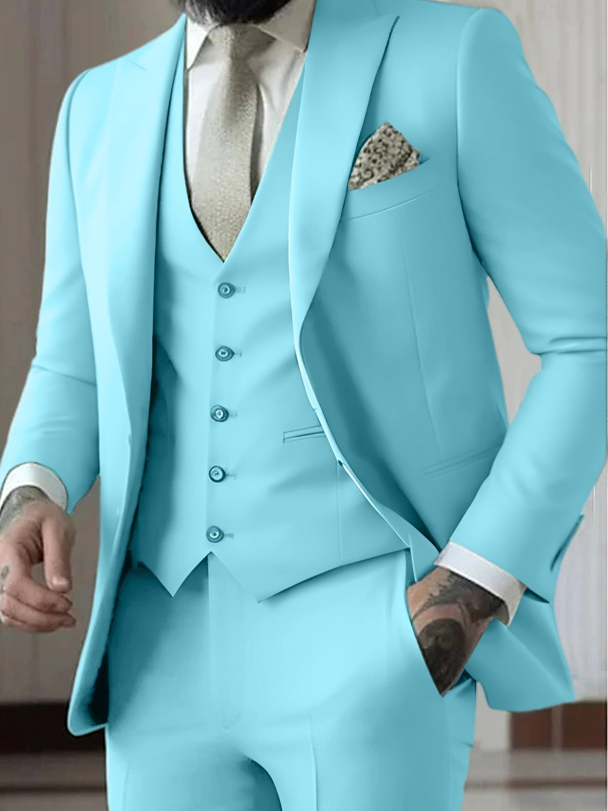 Men's Three-Piece Slim Fit Wedding Suit with Vest - Sky Blue