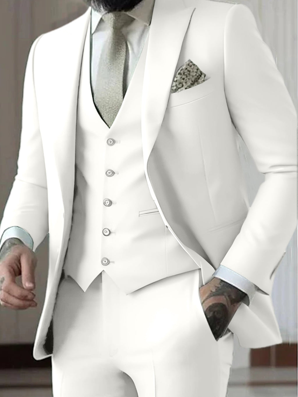 Men's Three-Piece Slim Fit Wedding Suit with Vest - White