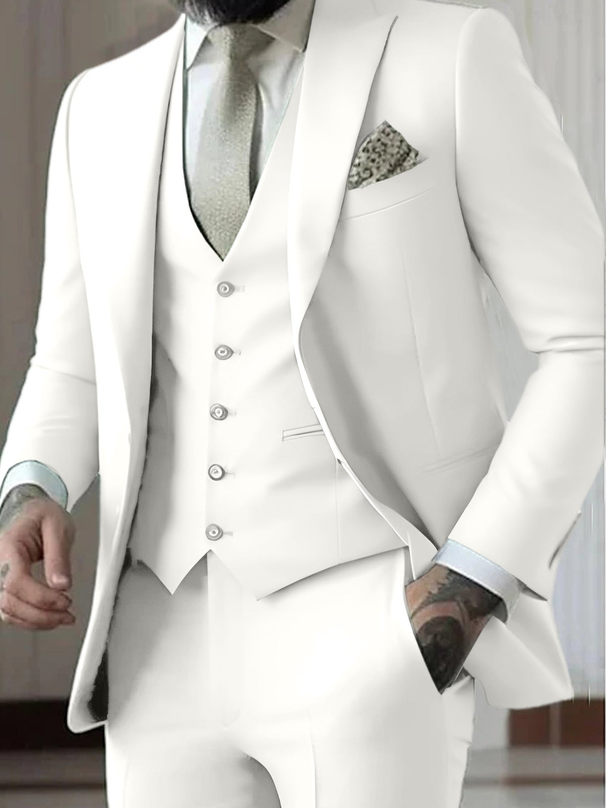 Men's Three-Piece Slim Fit Wedding Suit with Vest - White