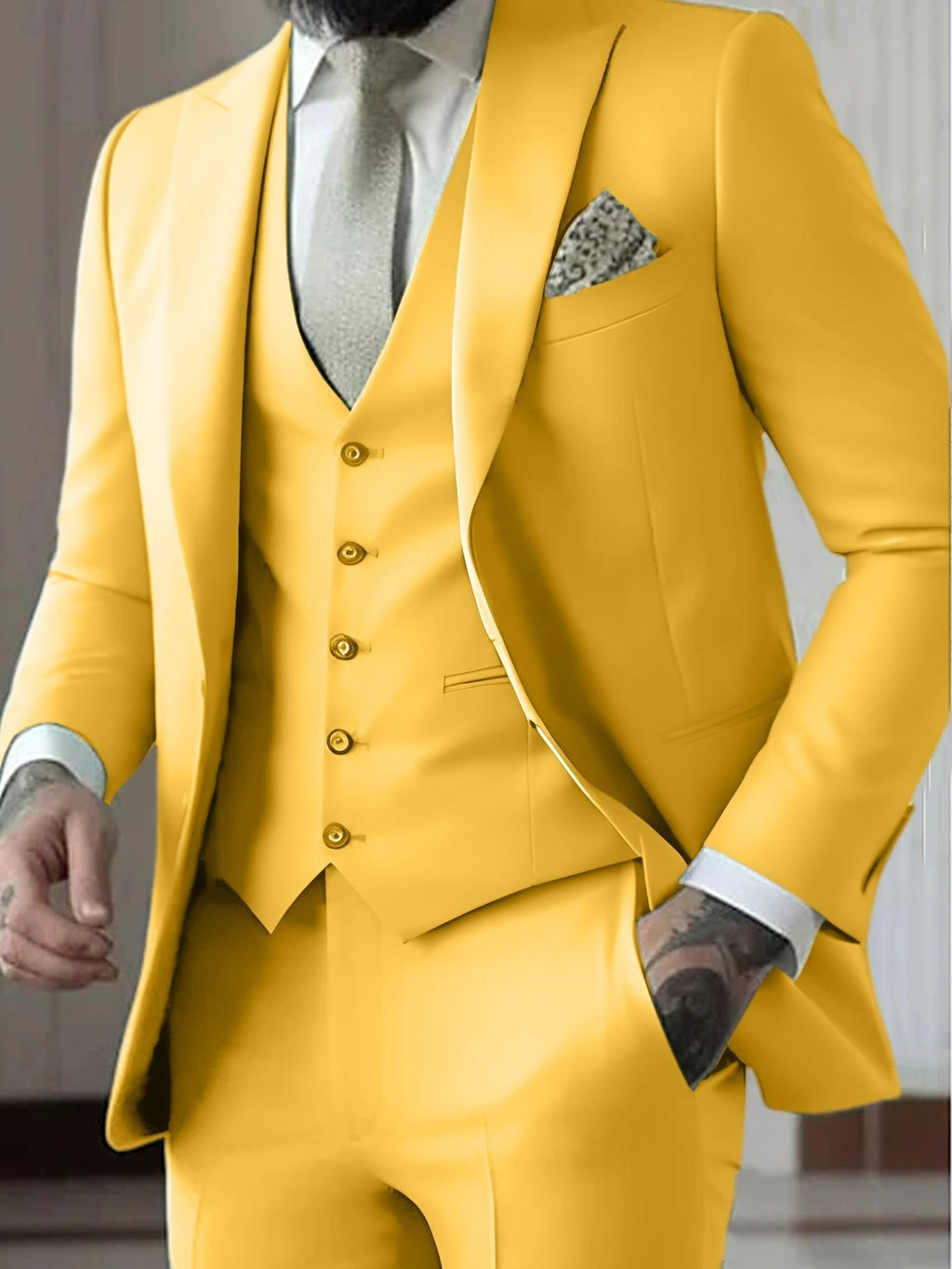 Men's Three-Piece Slim Fit Wedding Suit with Vest - Yellow