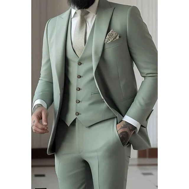 Men's Three-Piece Slim Fit Wedding Suit with Vest - Sage