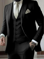 Men's Three-Piece Slim Fit Wedding Suit with Vest - Black