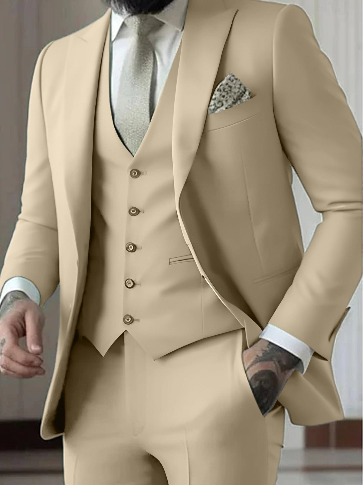 Men's Three-Piece Slim Fit Wedding Suit with Vest - Champagne