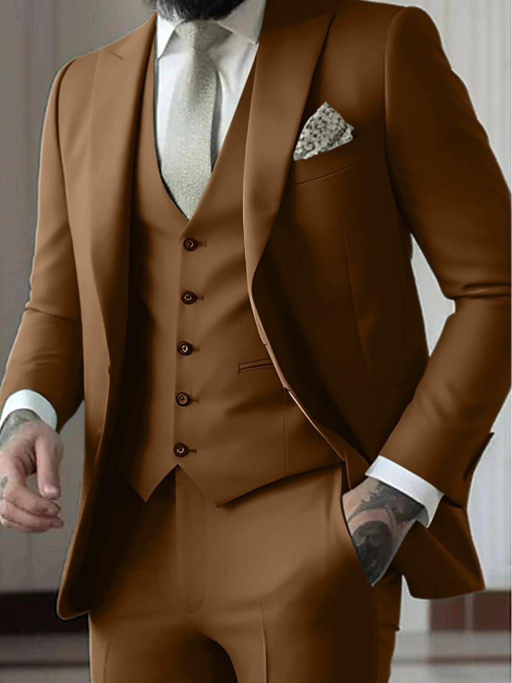 Men's Three-Piece Slim Fit Wedding Suit with Vest - Khaki