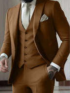 Men's Three-Piece Slim Fit Wedding Suit with Vest - Khaki