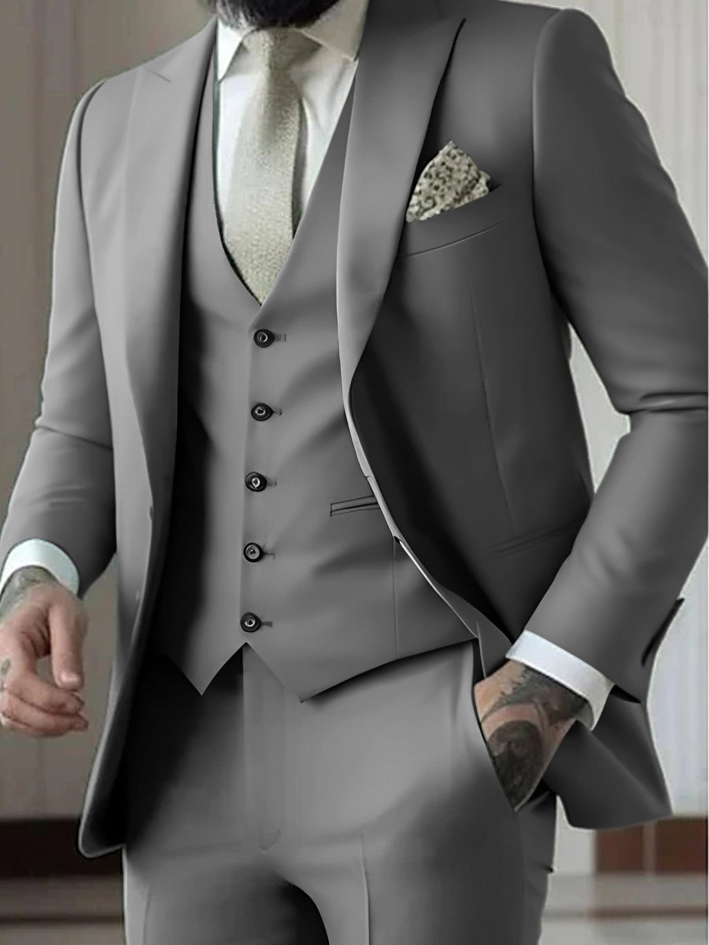 Men's Three-Piece Slim Fit Wedding Suit with Vest - Light Gray