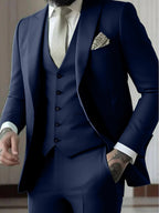 Men's Three-Piece Slim Fit Wedding Suit with Vest - Navy Blue