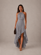 Women's Halter Neck Wedding Guest Dress with Asymmetric Ruffle Hem - Gray