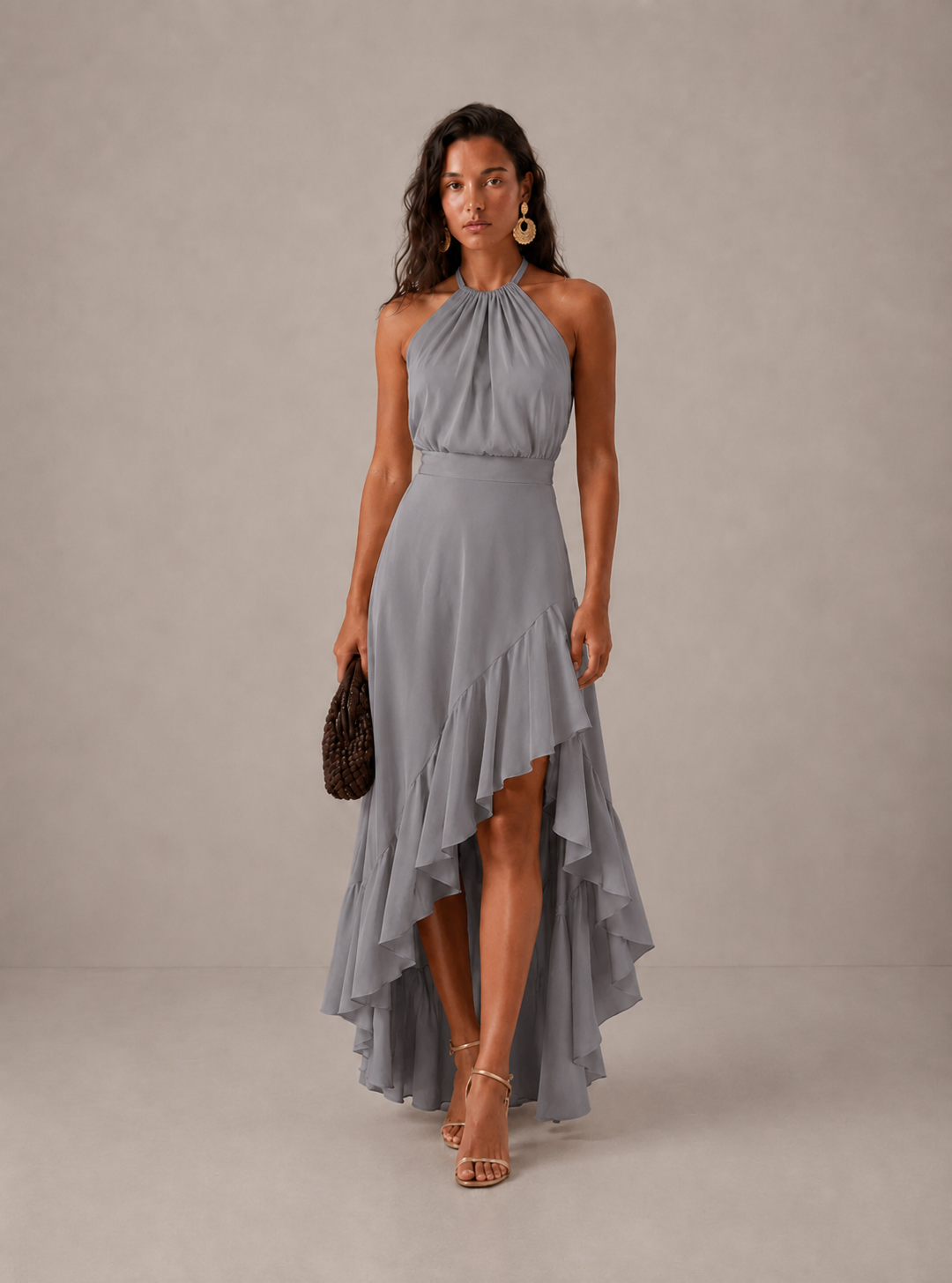 Women's Halter Neck Wedding Guest Dress with Asymmetric Ruffle Hem - Gray
