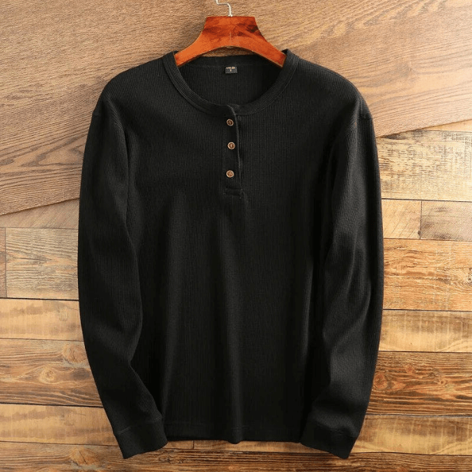 Men's Waffle Knit Long Sleeve Henley Shirt - Black