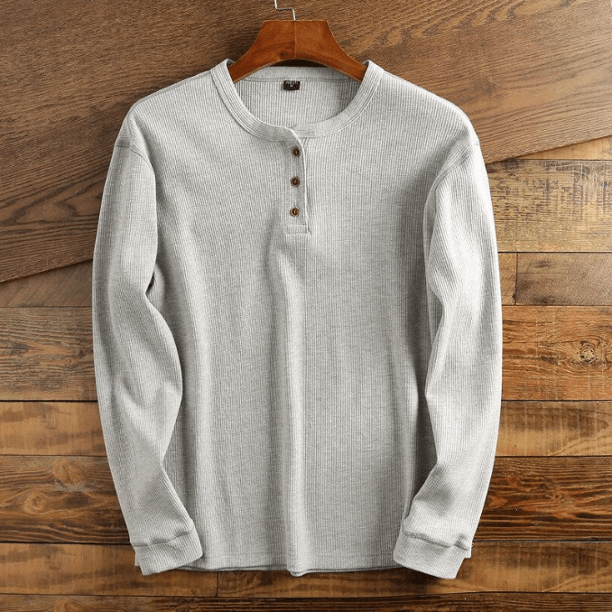 Men's Waffle Knit Long Sleeve Henley Shirt - Light Gray