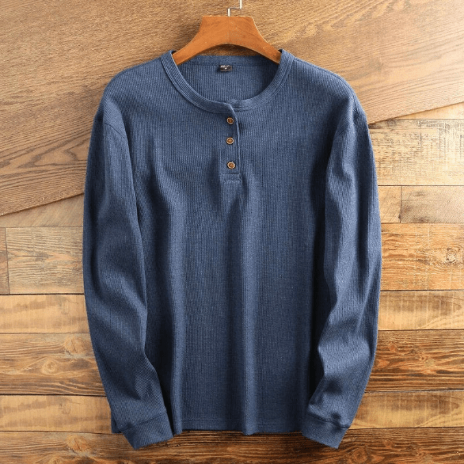 Men's Waffle Knit Long Sleeve Henley Shirt - Navy Blue