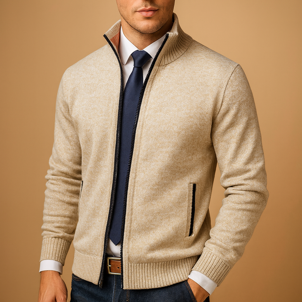 Men's Classic Zip-Up Knit Cardigan - Beige