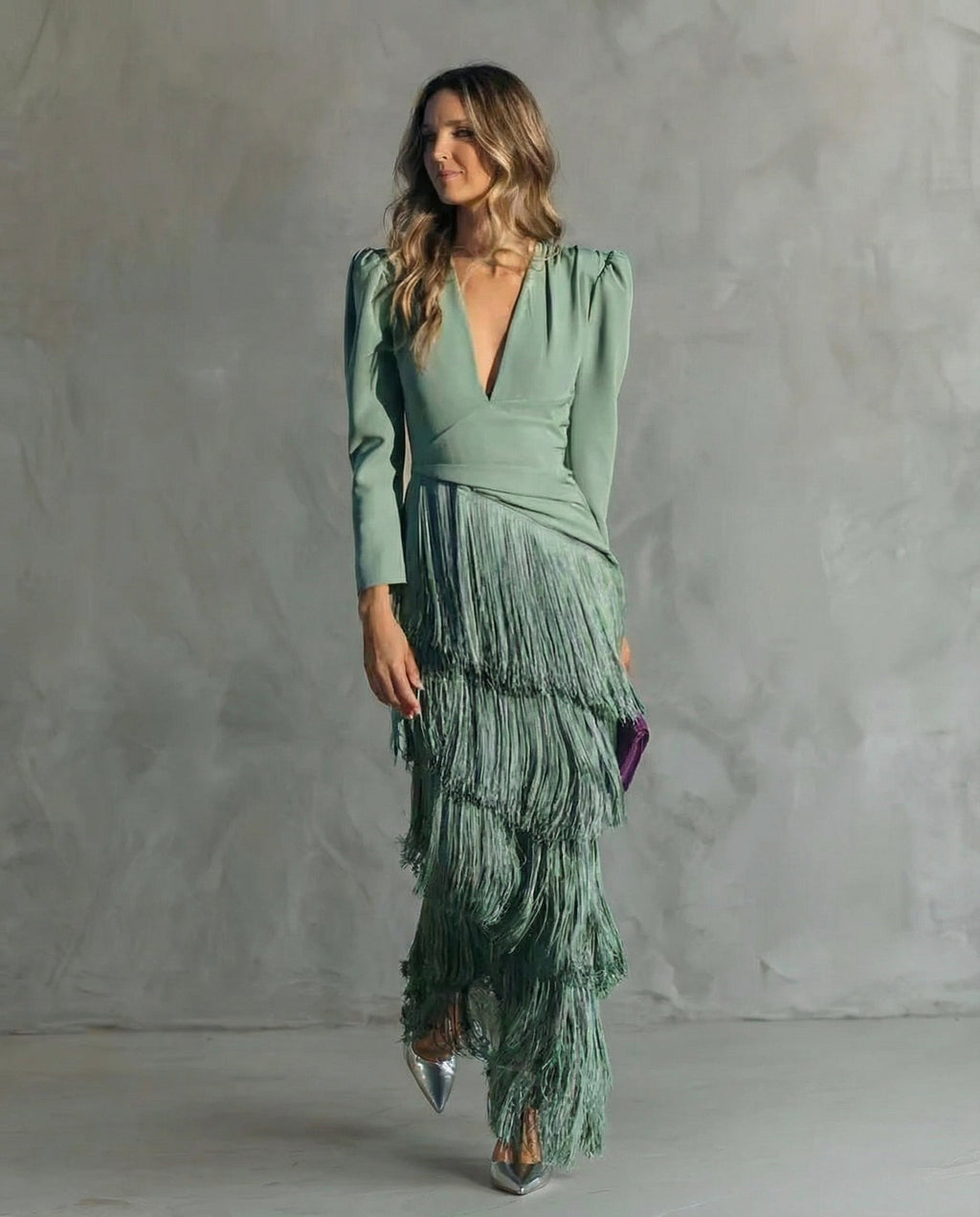 Women's Elegant Fringe Sleeve Dress for Fall - Light Green