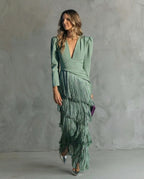 Women's Elegant Fringe Sleeve Dress for Fall - Light Green