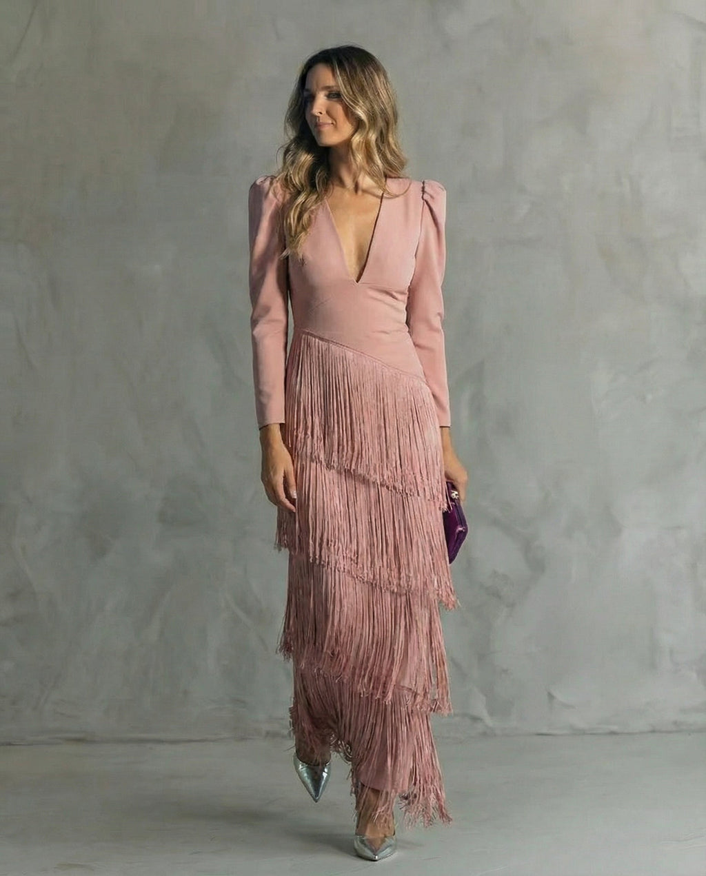 Women's Elegant Fringe Sleeve Dress for Fall - Lotus Root