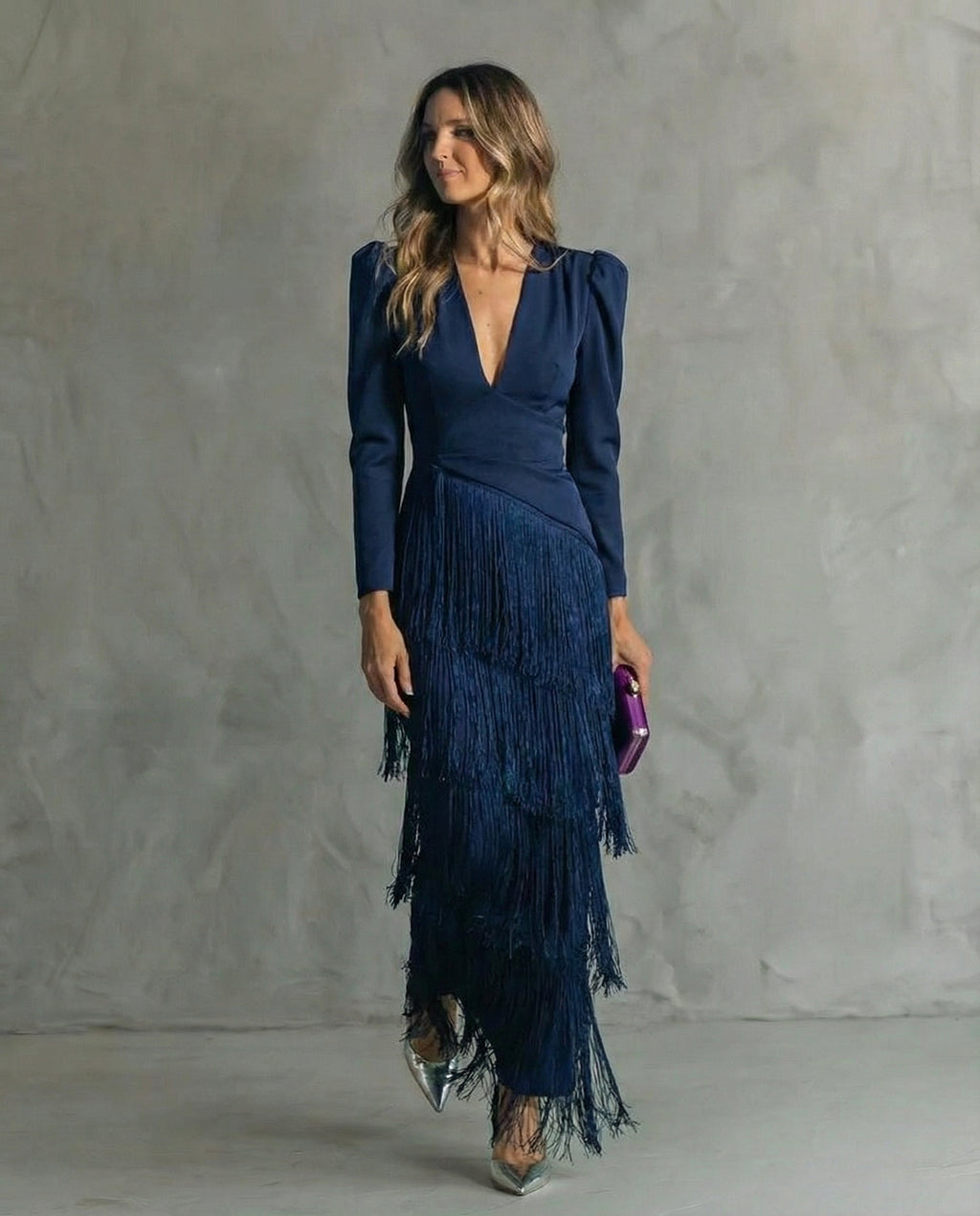 Women's Elegant Fringe Sleeve Dress for Fall - Blue