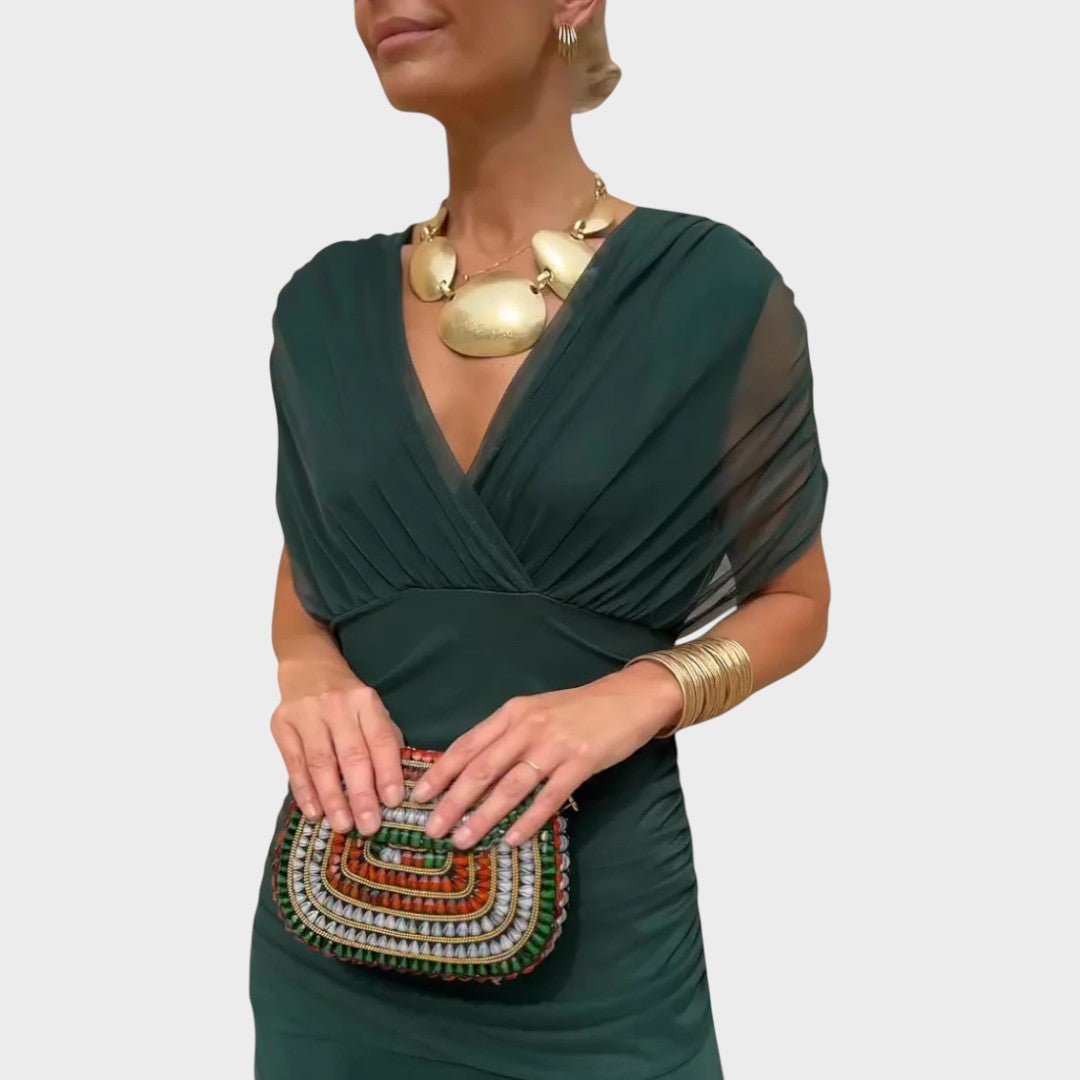 Women's V-Neck Long Sleeve Midi Dress - Green