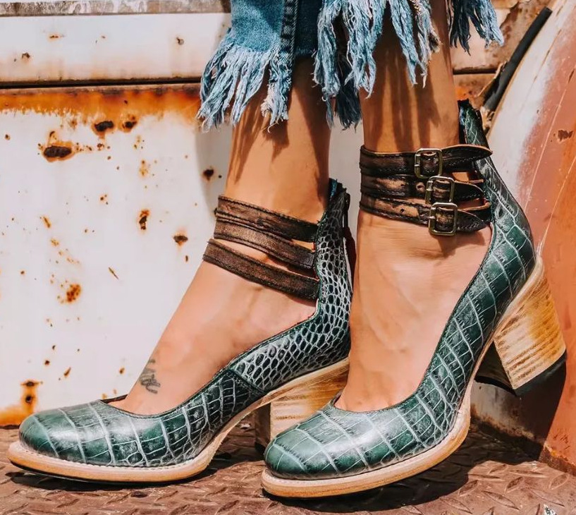 Women's Comfortable Leather Heels - Green Snake Print