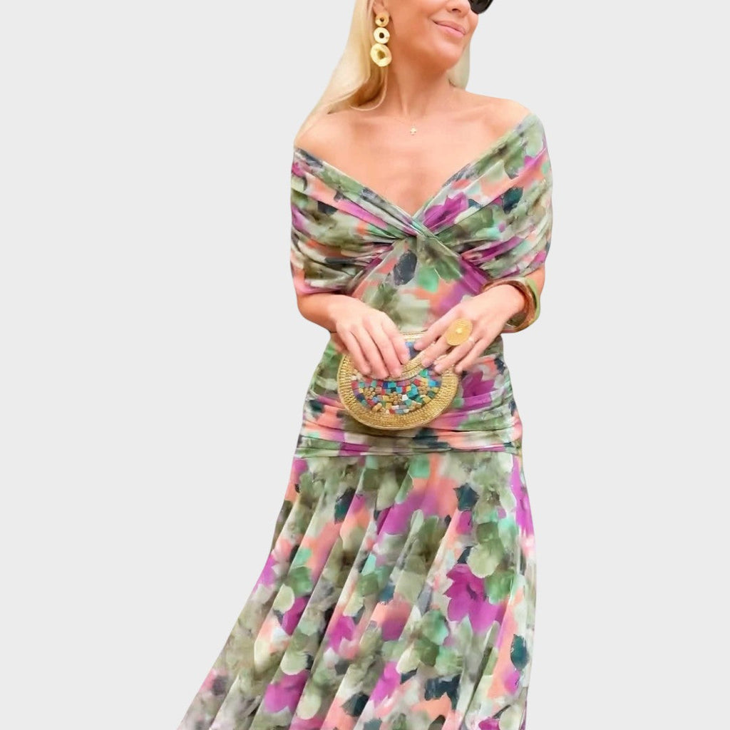 Women's V-Neck Long Sleeve Midi Dress - Green Floral
