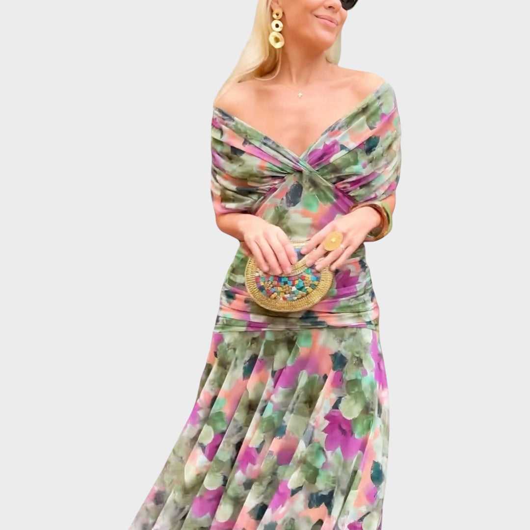 Women's V-Neck Long Sleeve Midi Dress - Green Floral