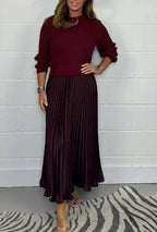 Women's Maxi Dress with Knit Top and Pleated Skirt - Maroon