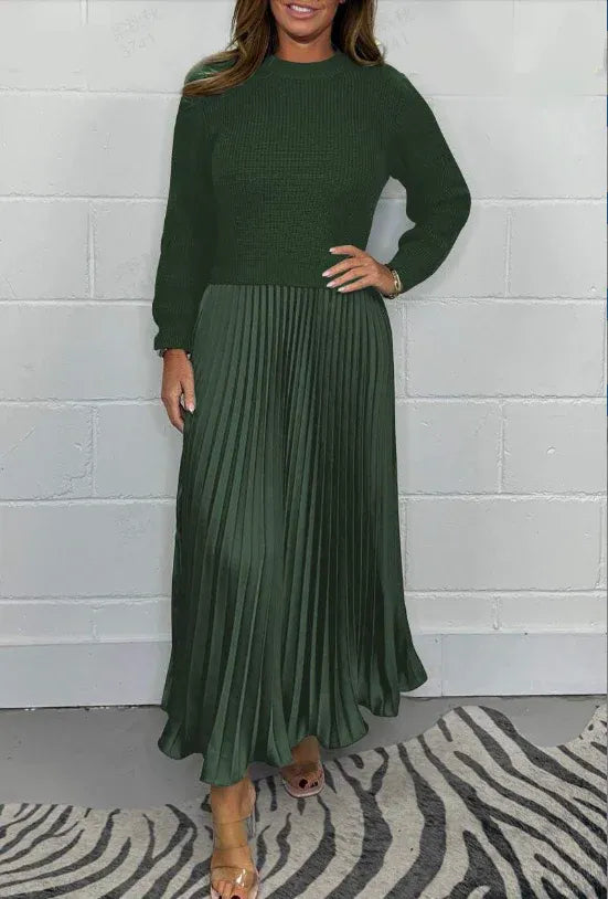 Women's Maxi Dress with Knit Top and Pleated Skirt - Green