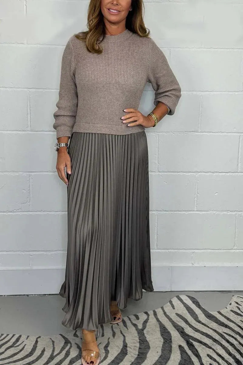 Women's Maxi Dress with Knit Top and Pleated Skirt - Gray