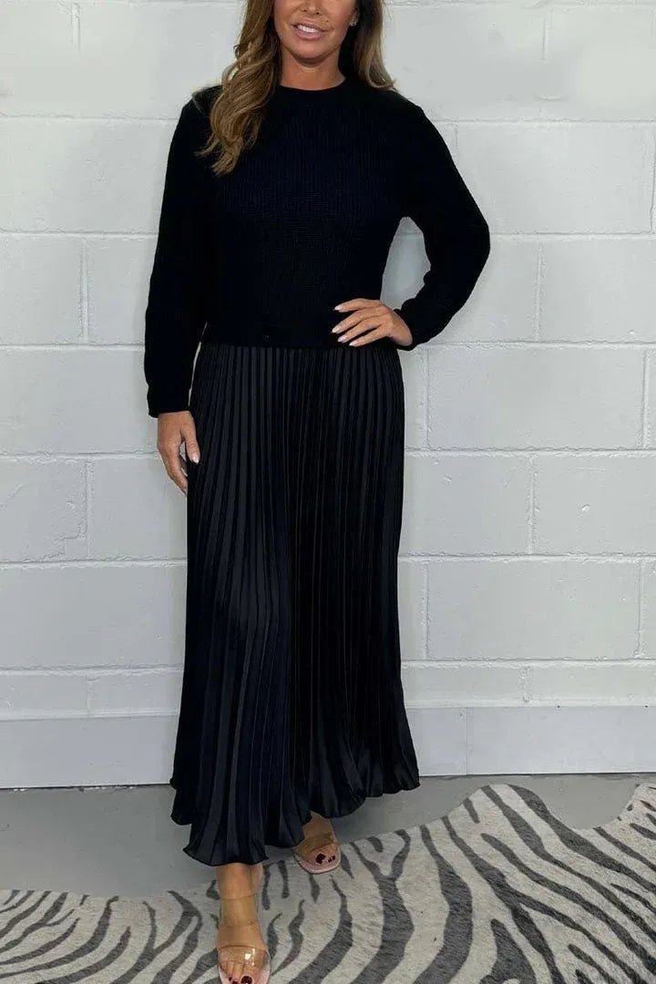Women's Maxi Dress with Knit Top and Pleated Skirt - Black