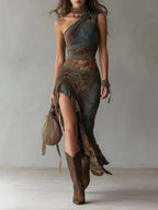 Women's Asymmetric Ethnic Print Maxi Dress with Side Slit - Brown