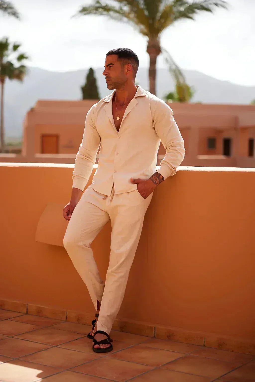 Men's Linen Set Elegant Shirt and Pants - White
