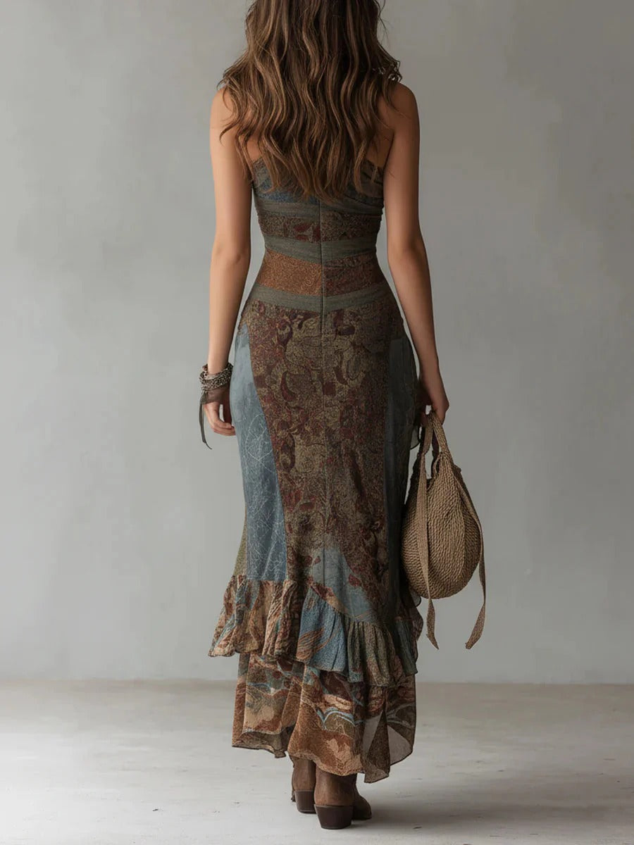 Women's Asymmetric Ethnic Print Maxi Dress with Side Slit