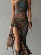 Women's Asymmetric Ethnic Print Maxi Dress with Side Slit
