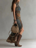Women's Asymmetric Ethnic Print Maxi Dress with Side Slit