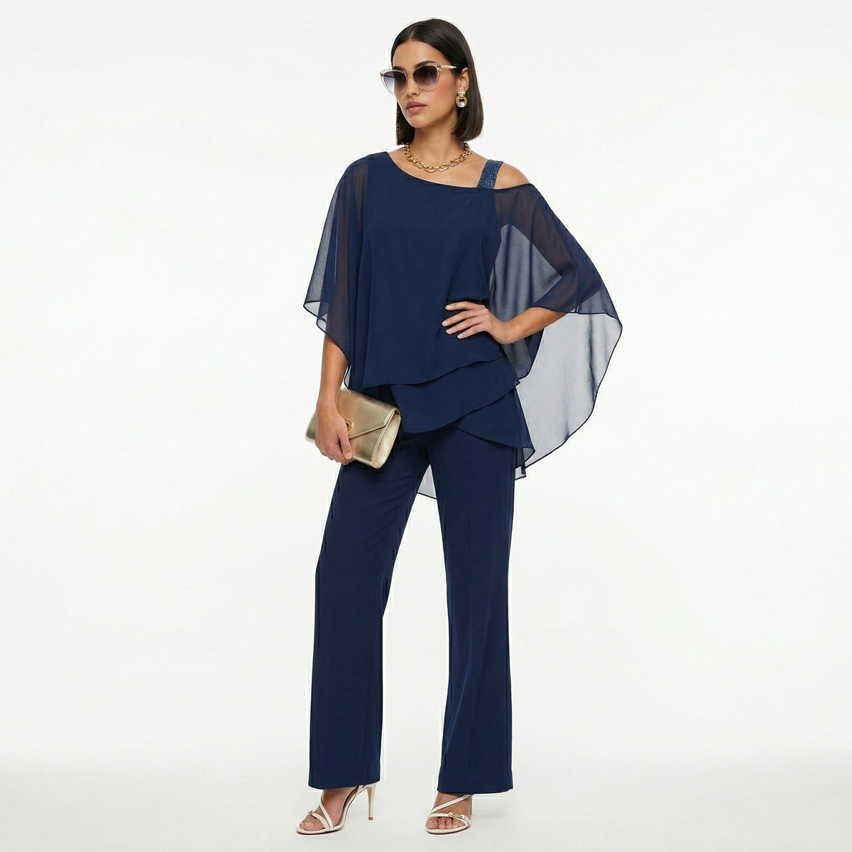 Women's Elegant Chiffon Set with Asymmetric Neckline - Navy Blue