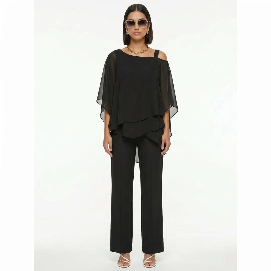 Women's Elegant Chiffon Set with Asymmetric Neckline - Black