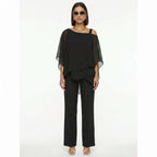 Women's Elegant Chiffon Set with Asymmetric Neckline - Black