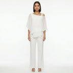 Women's Elegant Chiffon Set with Asymmetric Neckline - White