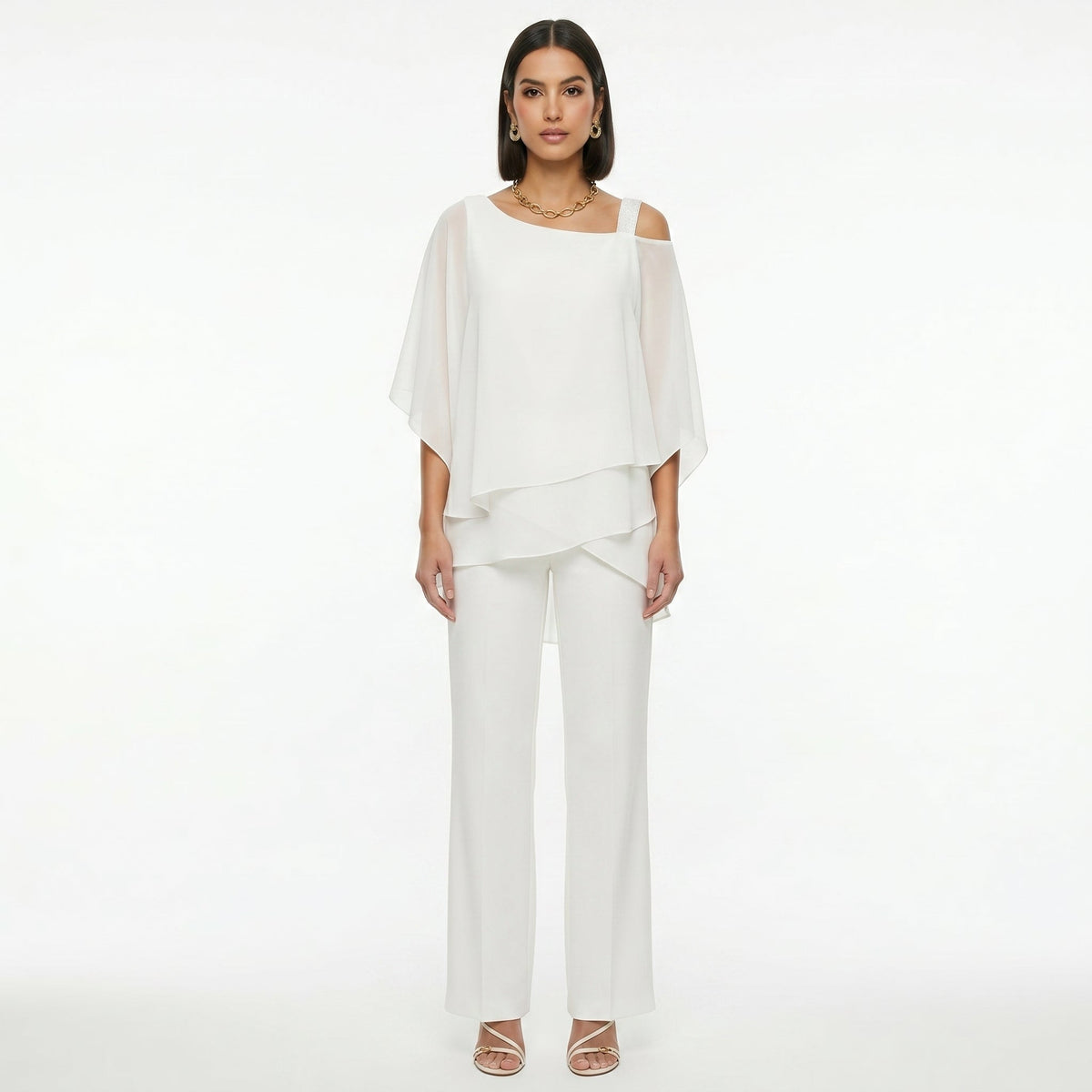 Women's Elegant Chiffon Set with Asymmetric Neckline - White