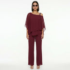 Women's Elegant Chiffon Set with Asymmetric Neckline - Red