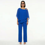 Women's Elegant Chiffon Set with Asymmetric Neckline - Blue