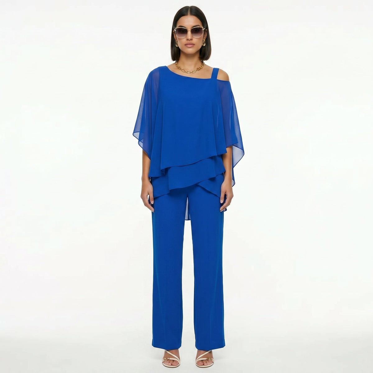 Women's Elegant Chiffon Set with Asymmetric Neckline - Blue