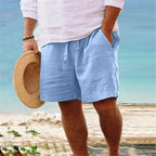 Men's Linen Shorts with Elastic Waist - Light Blue